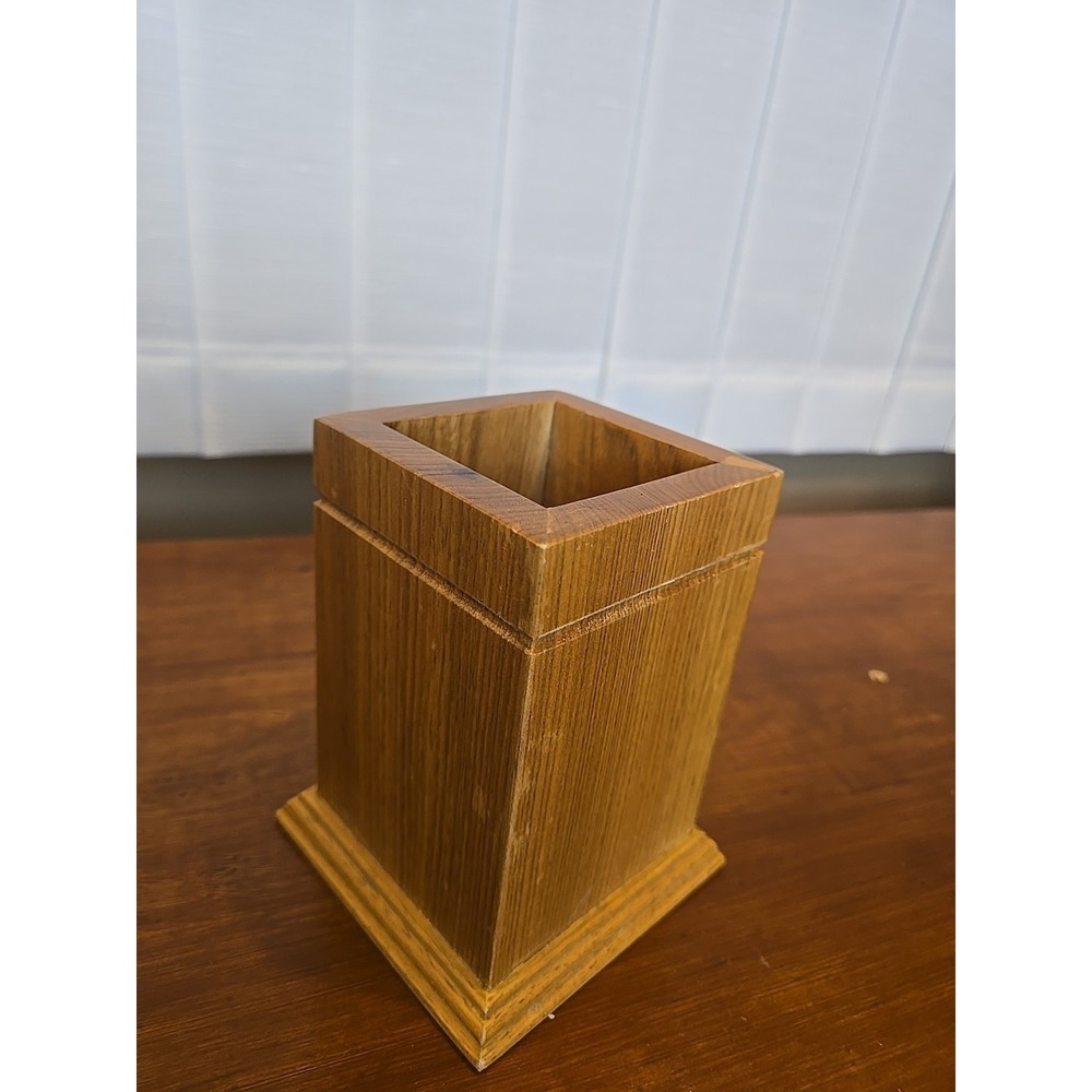Vtg Wooden Wood Caddy Pencil Holder Container 5 1/4" Tall x3" x 3"